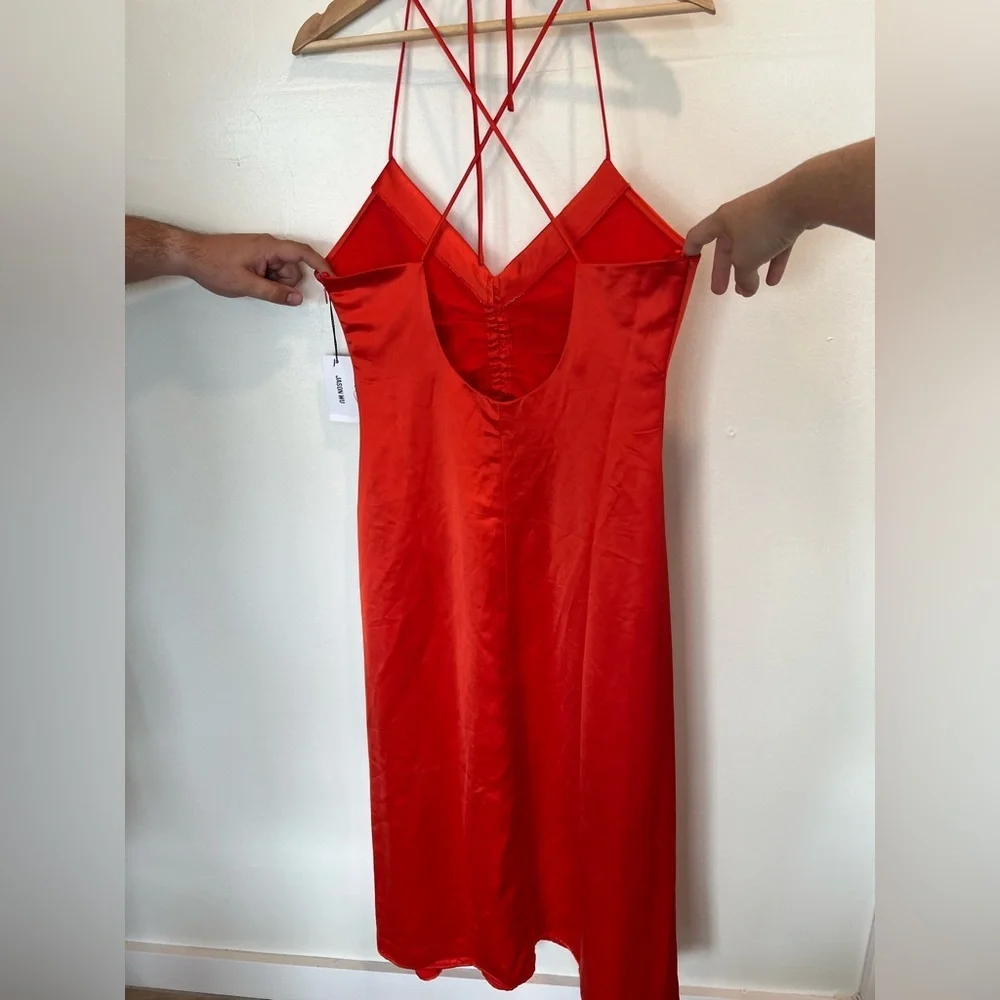Jason Wu NWT Orange Strappy Ruched Plunge Neckline Midi Slip Dress Size Large - Picture 8 of 10
